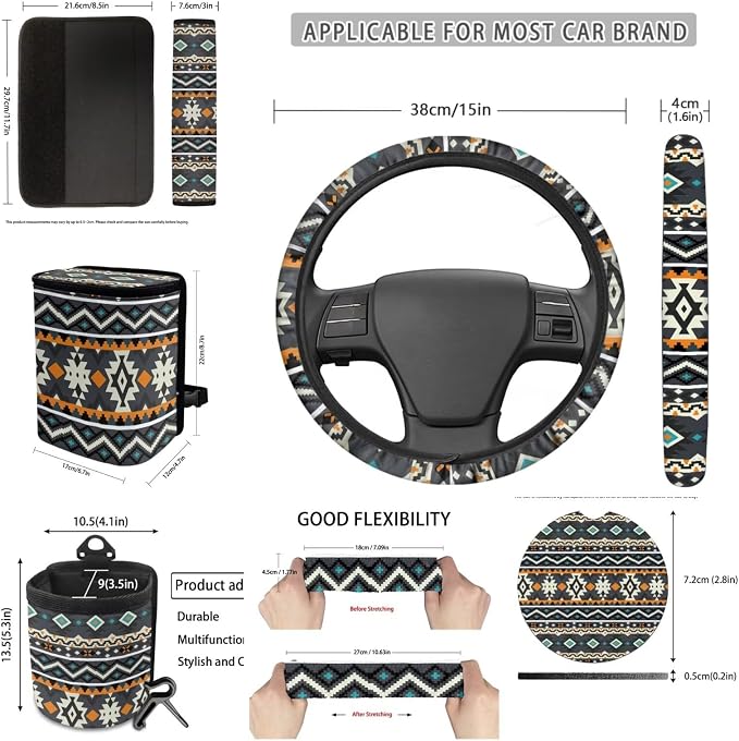 Dreaweet Tribal Car Seat Covers Full Set Geometric Pattern Front and Back Seat Covers with Steering Wheel Cover Seat Belt Pads Coasters Trash Bag Rear View Mirror Cover Keychain 15 Pcs Universal Fit