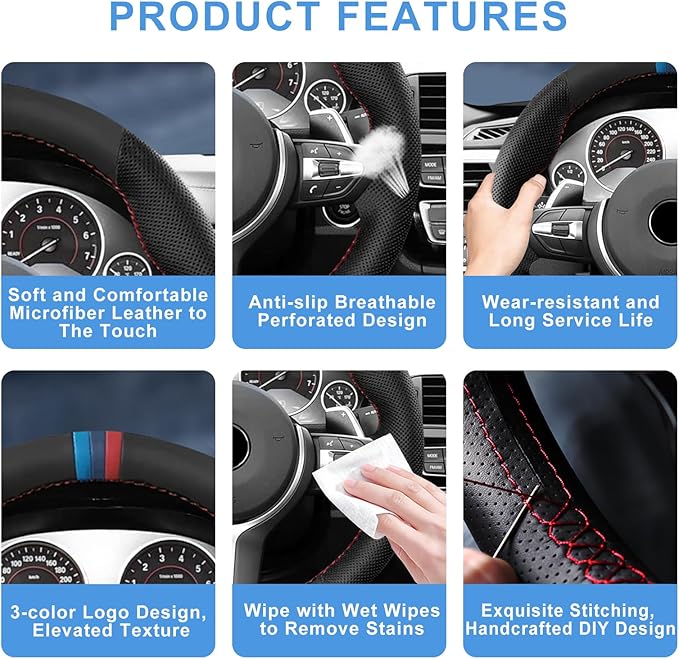 Microfiber Leather DIY Steering Wheel Cover for BMW X5 X2 M F85 X6 M F86 M Sport F30 F33 M3 F80 M4 M5 F82 M2 F87 M6 F12 F13 Accessories, Hand Stitched Full Wrap Steering Wheel Protector (Black)