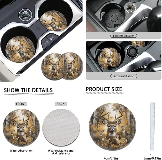 KEIAHUAN Car Seat Cover Full Set 11 Pieces Deer Hunting Camouflage with Stretchy Steering Wheel Cover,Headrest Cover,Gear Shift Knob Cover & Handbrake Cover,Coasters,Fit Most Van Sedan Truck SUV