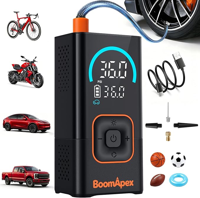 Tire Inflator Portable Air Compressor - Bike Pump with 2.88" Color Display, Real-Time Inflation Progress Bar, Air Pump with 0-150PSI Pressure Gauge, Memory Function & LED Light, Black Bike Accessories