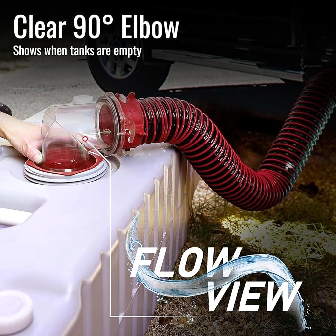 5FT RV Sewer Hose Kit: Heavy Duty Camper Waste Hose with Leak-Proof Swivel Fittings, 90° Clear Elbow, 4-in-1 Adapter, TPE Tech for Crush-Proof and UV-Resistant