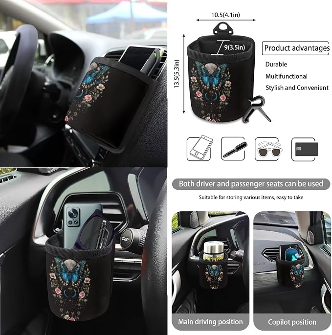 Wanyint Butterfly Flower Moon 15 Pack Car Seat Cover Full Set with Automotive Steering Wheel Covers Auto Seatbelt Pads Coaster Trash Can Air Vent Holder Rear View Mirror Cover Car Coasters Keychain