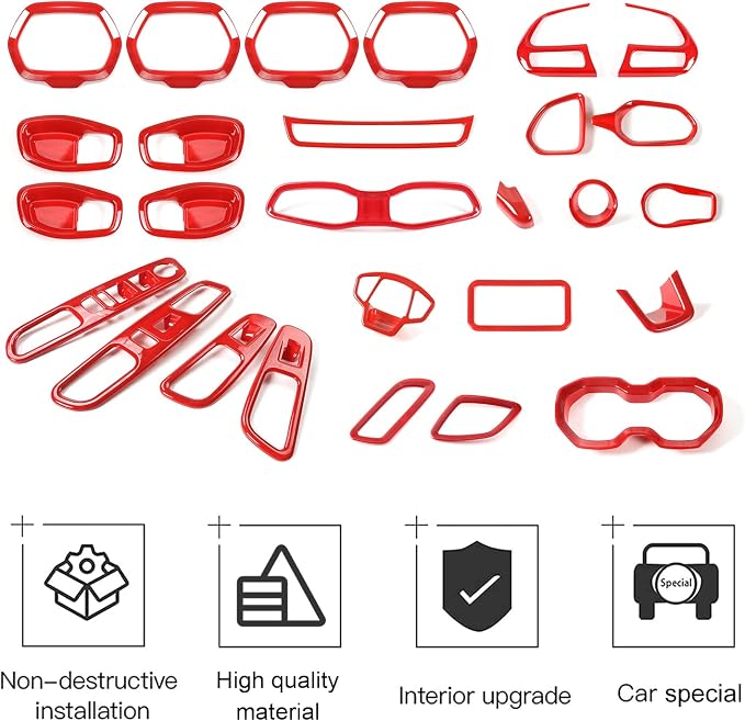 CheroCar 31 PCS Full Set Interior Decoration Trim Kit Steering Button Cover Door Handle Cover Air Outlet Cover Cup Holder Gear Cover Trim Door Speaker Cover for Jeep Renegade 2016-2018,Red