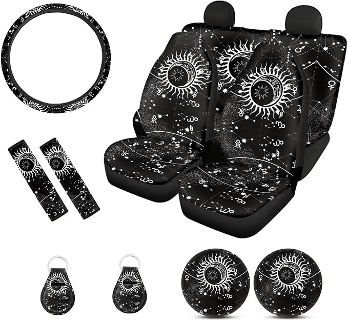 Xoenoiee 11 Pcs Car Accessories with Front & Rear Auto Seats Covers, Steering Wheel Cover, Seat Belt Pads, Cup Coaster, 2 Pcs Key Chain - Universal Fit - Celestial Sun Moon Stars