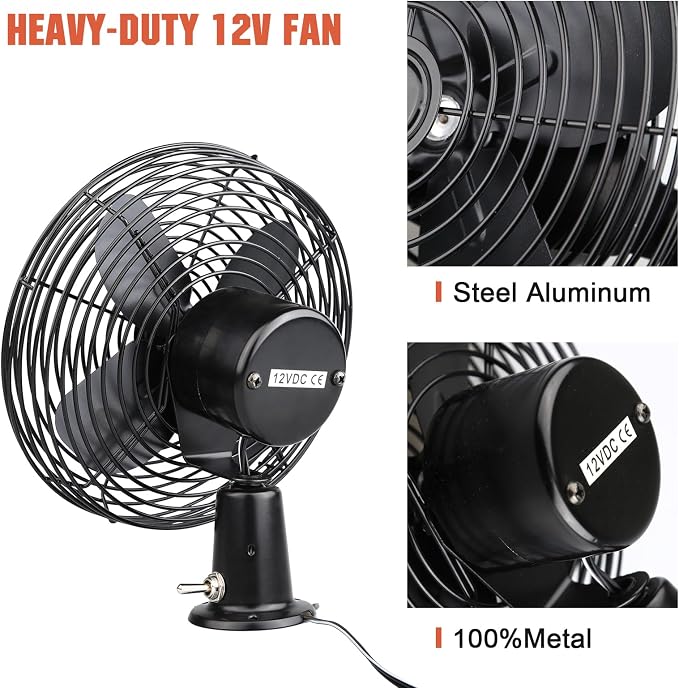 12V Portable Fan RV | Truck Cooling Heavy Duty 9" Metal Clip-On Car Fan Bus | Boat | Forklift | Car | Camper | Lawn | Mower | Tractor 2-Speed High Velocity Black