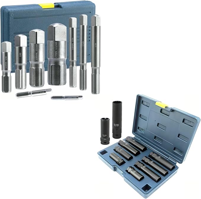 Pipe Extractor Set, 9-Piece Heavy Duty Steel Broken Pipe Extractors and 8 Piece Spline Lug Nut Socket Set