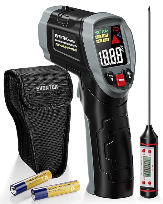 Eventek Infrared Thermometer Gun, [3 in 1] -58°F~1112°F (-50°C~600°C) Digital Laser Temperature Gun for Cooking, Pizza Oven, Grill & Engine with Adjustable Emissivity, Meat Thermometer & Bag Included