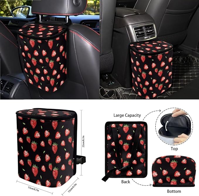 Strawberry Print Car Seat Covers Full Set with Accessories for Women, Decorative Auto Accessories Include Steering Wheel Cover Safety Belt Pads Rearview Mirror Cover Cup Mats