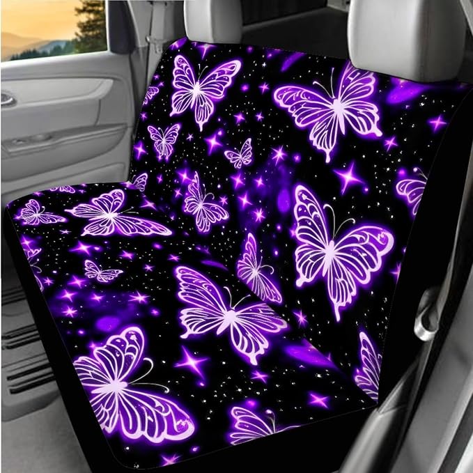 BIGCARJOB Purple Butterfly Car Seat Covers Full Set 12 Pcs Womens Auto Interior Accessories Butterfly Print Steering Wheel Covers,Armrest Seat Box Cover Cushion,Cup Mats,Universal Fit