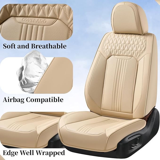 Coverado Front Seat Covers, Leather Car Seat Cover, Waterproof Car Seat Protector, Driver Seat Covers Car Seat Cushion Universal Fit for Most Cars, Beige