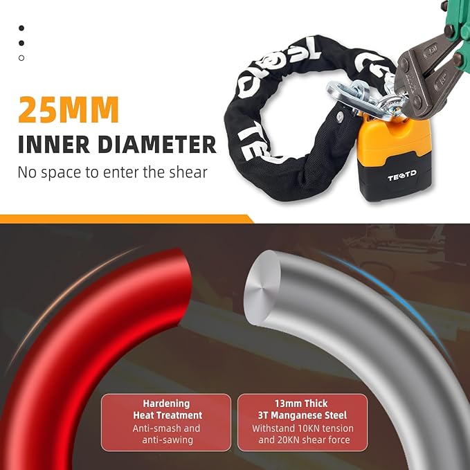 Heavy Duty Anti-Theft Motorcycle Chain Lock - 4ft/120cm Long, 10mm Thick Chain with Bright-Colored Lock, 4 Keys for Bicycle, Scooter (7.28lbs)