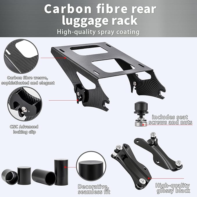Black Carbon Fiber Pattern Detachable Tour Pack Mount Bracket Luggage Rack Whit 4 Point Docking Hardware Kit for Harley Touring Street Road Electra Glide Road King 2014-2026
