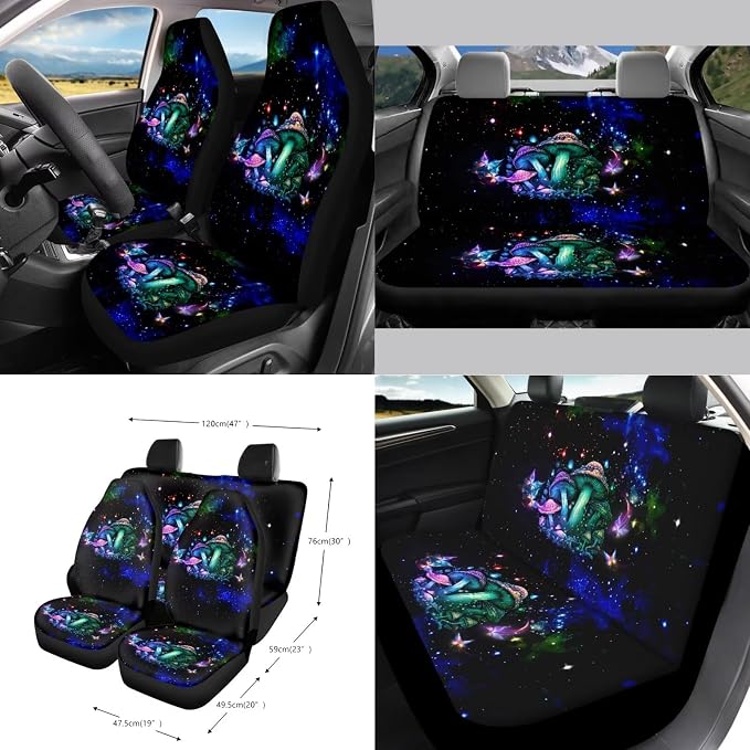 Mushroom Butterfly Galaxy Print Auto Interior Sets of 15, Front Rear Car Seat Covers Steering Wheel Cover Trash Can Seat Belt Pad Mirror Cover Keychain Air Vent Storage Bag Coasters