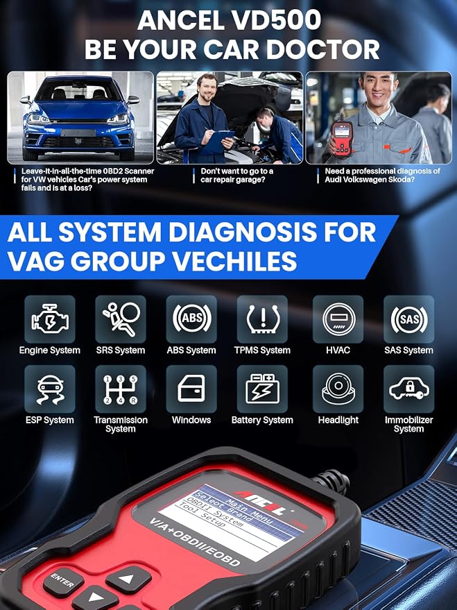 ANCEL VD500 with ANCEL Protective Case Storage Bag OBD II Diagnostic Scanner fits for Volkswagen VW Audi Skoda Seat Diagnosis Check Engine Light Code Reader