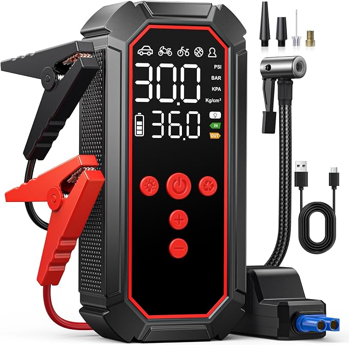 Portable Jump Starter with Air Compressor - 4000A Winter Car Battery Booster for SUVs & Trucks, Road Trip Essential with Tire Inflator & Power Bank for Interstate Travel