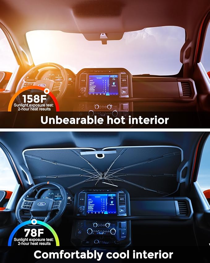 Weektic Truck Windshield Sun Shade Umbrella for F-150/Silverado/Tundra/RAM 1500/Sierra - Double Thickened Ice Crystal Coating, Sun & Heat Protection, Keep Vehicle Cool & Protect Interior