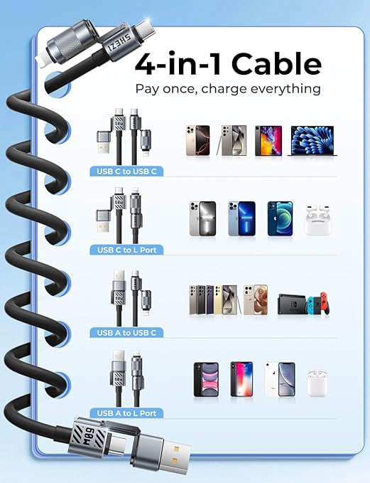 Coiled Black Cable 4-in-1 USB C Cable 60W Compatible with Lightning Cable Fast Charging & Data Transfer, Support to CarPlay & Android Auto, 5FT Multi Cord Combo Charger for iPhone/iPad