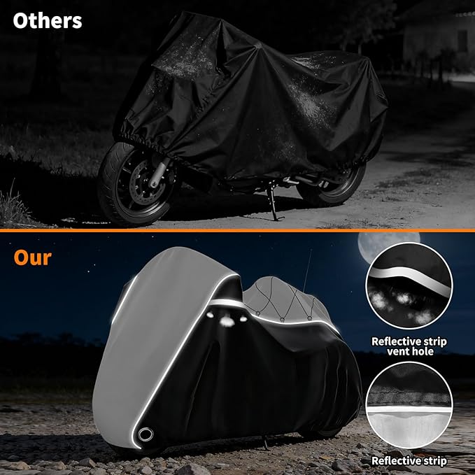 COVERVIN Motorcycle Cover with Side+Top Box Heavy Duty 420D Waterproof for Harley Davidson Ultra Ltd, Road Glide Ltd, Honda Gold Wing, Road Master, Indian, Indoor & Outdoor Storage (Black&Silver)