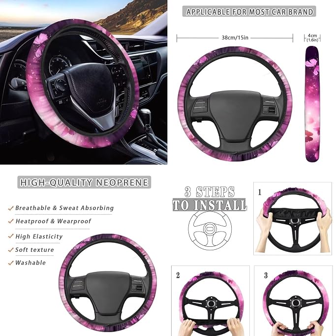 8 Pcs Pink Butterfly Car Interior Accessories Set for Women, Car Seat Cover Full Set with Steering Wheel Cover Center Console Seat Belt Pads, Automotive Decorations