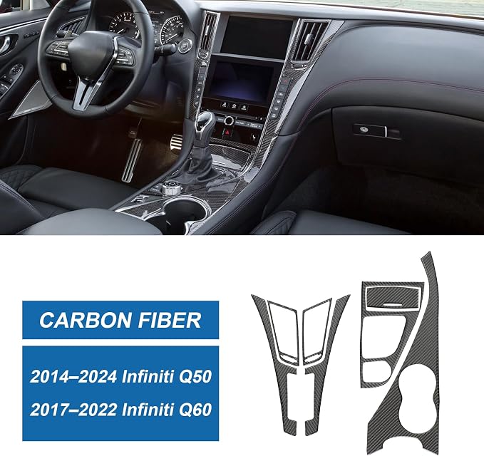 Real Carbon Fiber Interior Trim Kit Compatible with Infiniti Q50 2014-2024 & Q60 2017–2022, Gear Shift Panel AC Air Vent Inner Door Handle Trim, Interior Decor Sticker