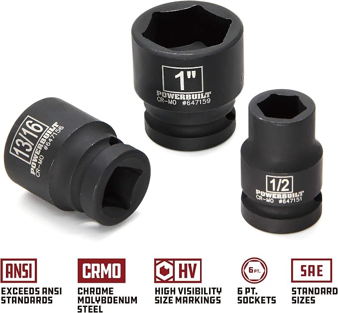 Powerbuilt Impact Socket Set, SAE 18 Piece, 1/2 Inch Drive Tools, 5 Inch Extension Bar, Z-Drive Sockets Grip, Storage Case - 940837