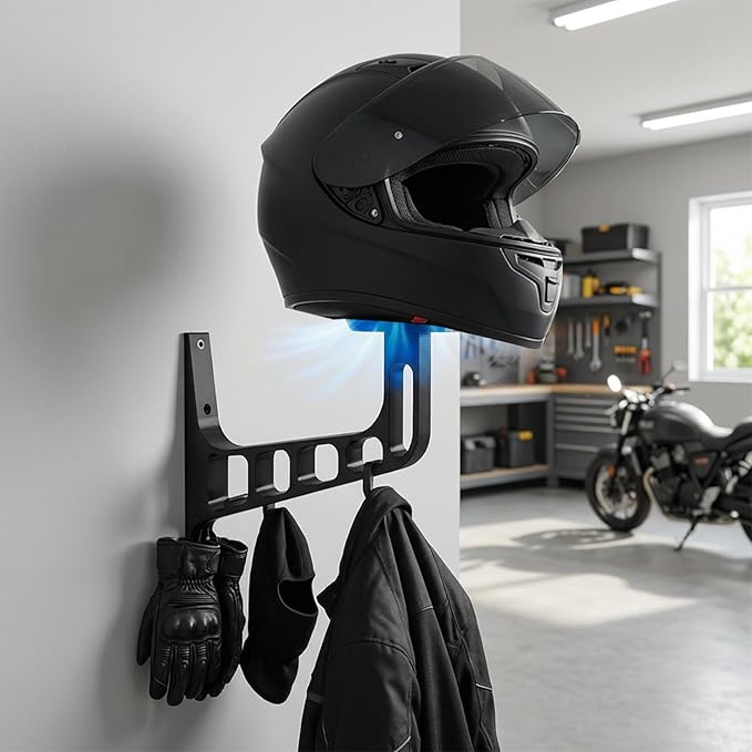 Helmet Dryer and Motorcycle Helmet Wall Mount with Ventilation Fan, Rechargeable Helmet Rack Wall Mount Gear Hook, Helmet Cleaner Storage for Football, Hockey & Firefighter Helmets