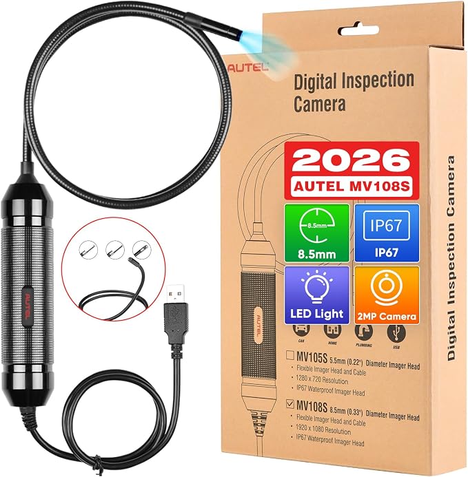 Autel MaxiVideo MV108S Borescope Inspection Camera, 2026 Endoscope with 8.5mm Waterproof Image Head, Work w/All Autel Scanners MK808 MX808 MX900 MK900