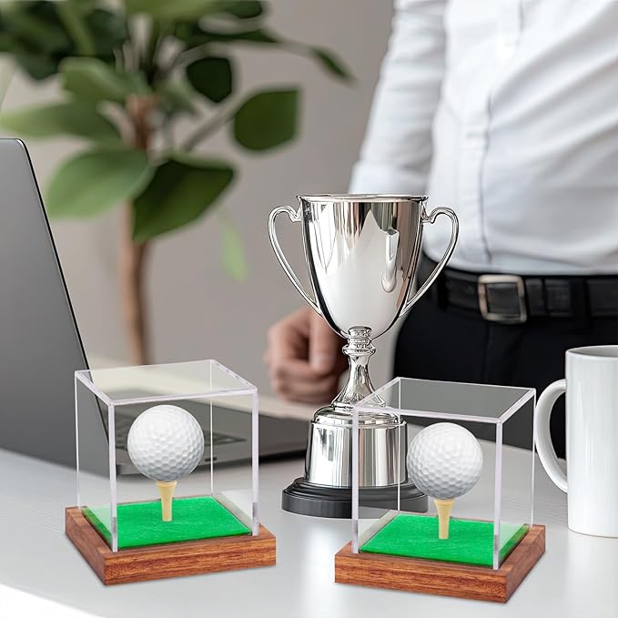 2 Pack Clear Acrylic Golf Ball Display Case with Wood Base & Tee, Memorabilia Stand Cube Holder, Dust Protection Transparent Storage Box for Single Ball Souvenir Golfball Collections