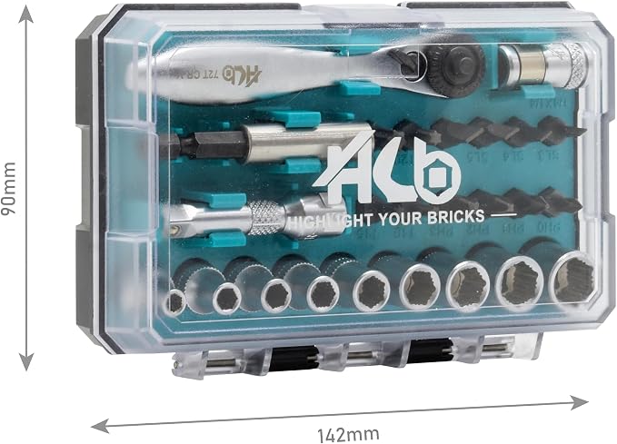 HB AKM033-U 26-Piece 1/4" Drive Socket & Bit Set, 72-Tooth Mini Ratchet, 5° Arc Swing, Grip Plus Non-Slip Removes 85% Rounded Bolts, Cr-V Steel, Portable Case, Made in Taiwan