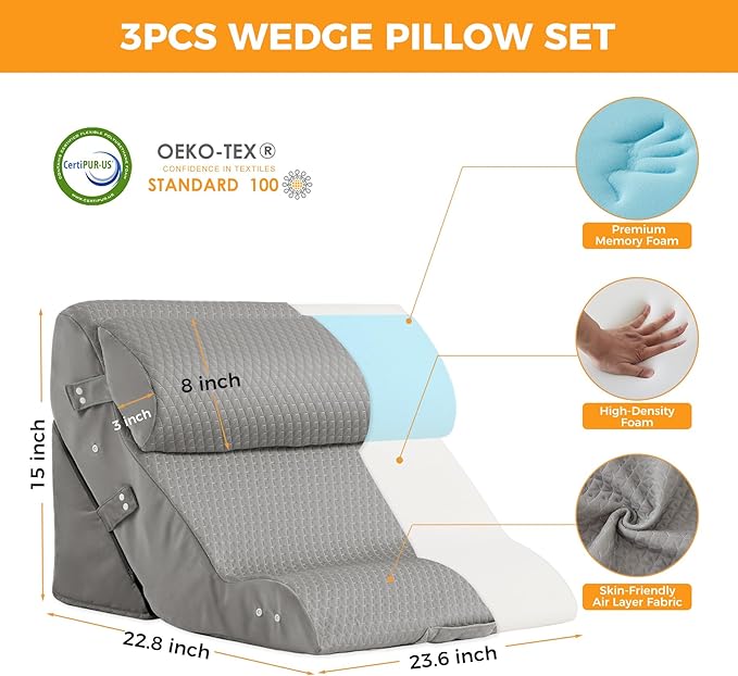 Ruqmuis 3PCS Wedge Pillow Set for After Surgery, Adjustable Back Pillow for Bed Sitting up, Acid Reflux, Bed Wedge Pillow Headboard for Sleeping & Snoring, Orthopedic Pillow for Post Surgery, Grey