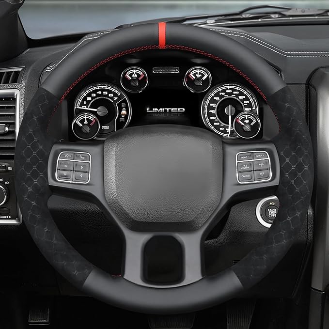 MEWANT Hand Stitch Steering Wheel Cover for 1500 2012-2018 1500 Classic 2019-2023 2500 3500 5500 2012-2018 Black Genuine Leather Diamond Embossed Athsuede Interior Accessories