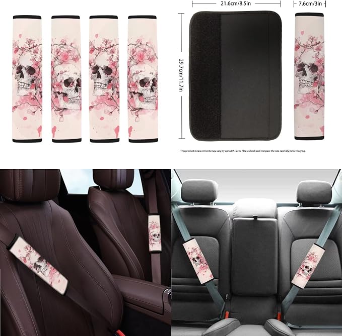 Skull Print Automotive Seat Covers & Accessories Peach Blossom Print Car Front Rear Seat Covers with Steering Wheel Cover Center Console Pad Seatbelt Pads Headrest Protectors