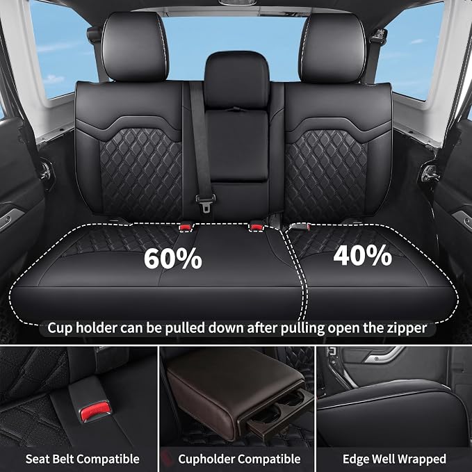 Huidasource for Jeep Wrangler JL Seat Covers 4 Door 2018-2026, Wrangler Waterproof Leather Seat Cover Full Set, Seat Cushion Covers for Wrangler JL 4-Door with Rear Cupholder (Full Set/Black)