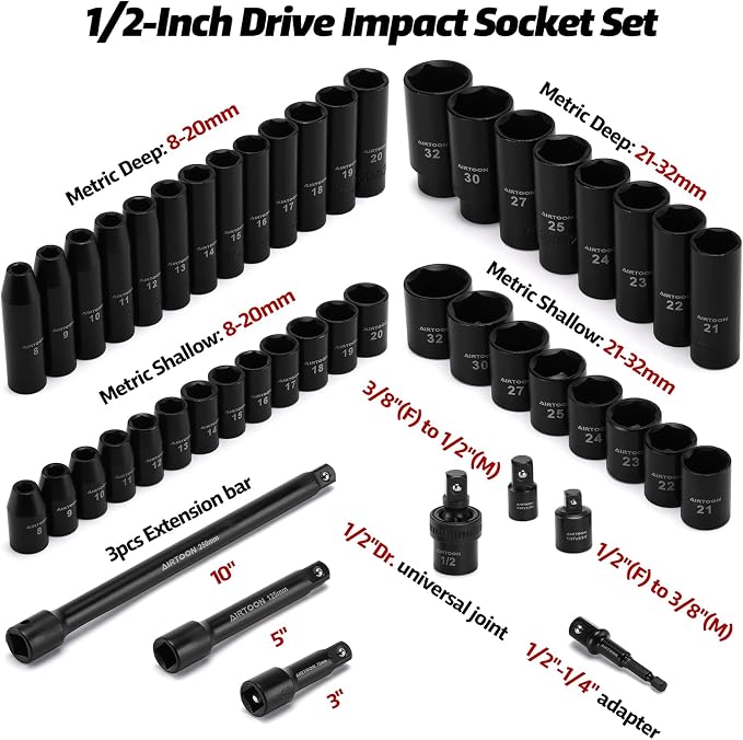 1/2-Inch Drive Impact Socket Set, 49 Piece Deep & Shallow Metric Socket Set 8mm to 32mm, 6 Point, CR-V Steel for Auto Repair, Easy-to-Read Size Markings, Rugged Construction, Storage Case