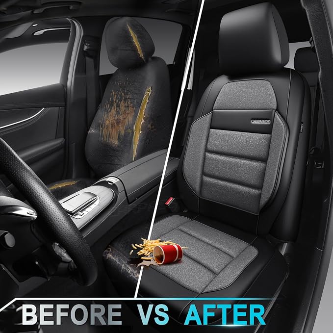 CAR PASS Memory Foam Seat Covers Front, Airy Cool Mesh Thick Car Seat Covers, Leather Car Seat Covers Front Seats Airbag Compatible, Universal Automotive Comfort for Cars, Trucks, SUV, Gray and Black