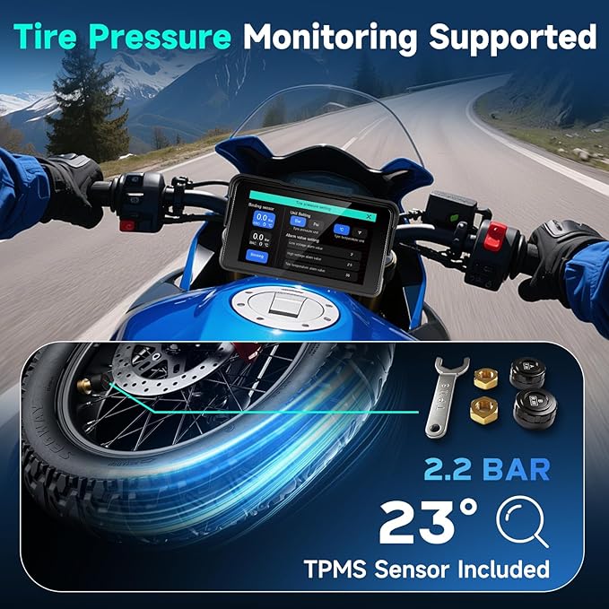 5 Inch Motorcycle CarPlay Screen with TPMS Sensors, Wireless Android Auto, Handlebar Control Power Cable, IP68 Waterproof Portable Motorcycle GPS Display
