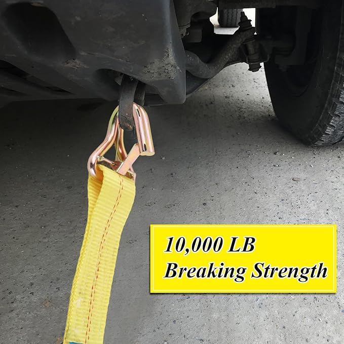 YAYODS 4 Pack Car Tie Down Straps for Trailers with J Hooks, 2" x 10' Heavy Duty Ratchet Straps with 2" x 36'' Axle Straps, 10,000lbs Break Strength Truck Strap for Car, Truck, UTV Transport, Yellow
