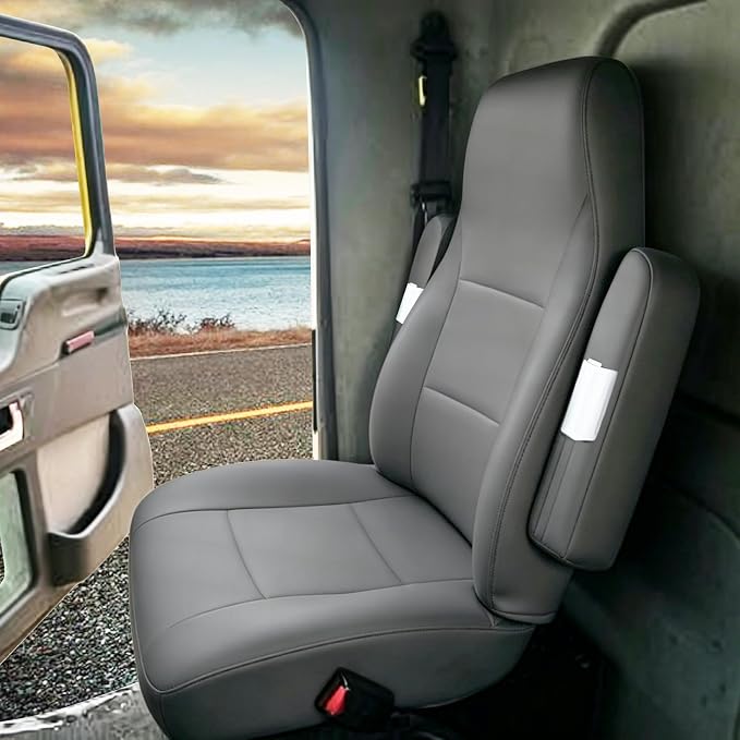 Heavy Duty Seat Covers for Kenworth T680 T880 W990 2015-2025, Custom Fit Front Truck Seat Cover with 17" Armrest, PU Leather with Non-Slip - Gray