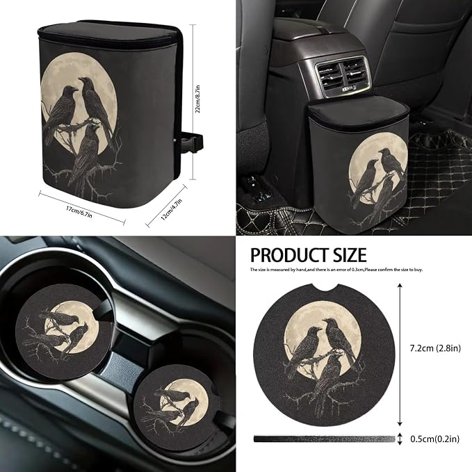 Suobstales Raven Moon Print Cars Seat Covers Full Set of 13,Car Accessories Steering Wheel Cover + Seat Belt Covers Pads + Rearview Mirror Cover + Car Trash Can + Coasters + Keychains