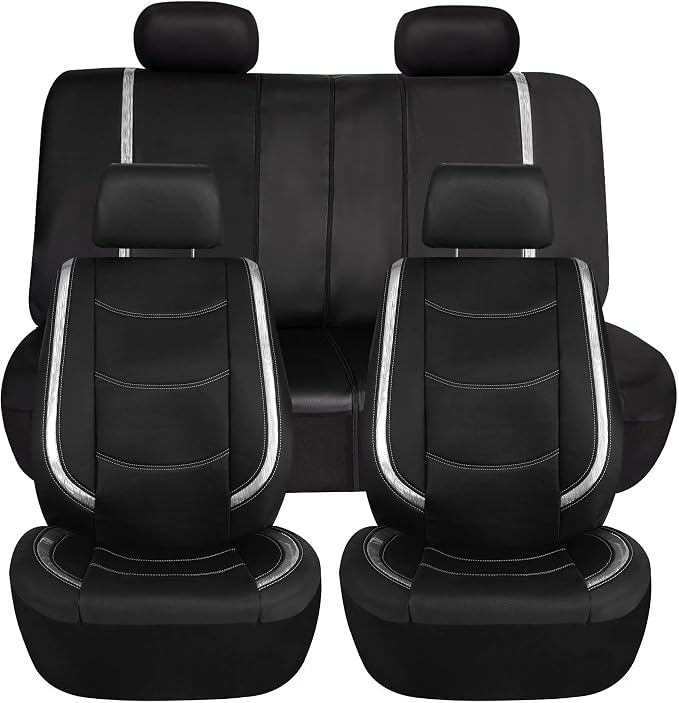 FH Group Galaxy13 Metallic Striped Deluxe Leatherette Car Seat Covers with Matching Carpet Floor Mats – Full Set, Universal Fit, Airbag Compatible for Cars, SUVs & Sedans, White