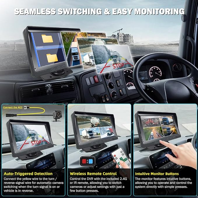 VSYSTO X7H 4-Channel 720P Backup Camera & Dash Cam System, 7" LCD Quad Split Display with IP67 Waterproof IR Night Vision Cameras for Front Rear and Side Views for Semi Truck, RV, Van, and Trailer