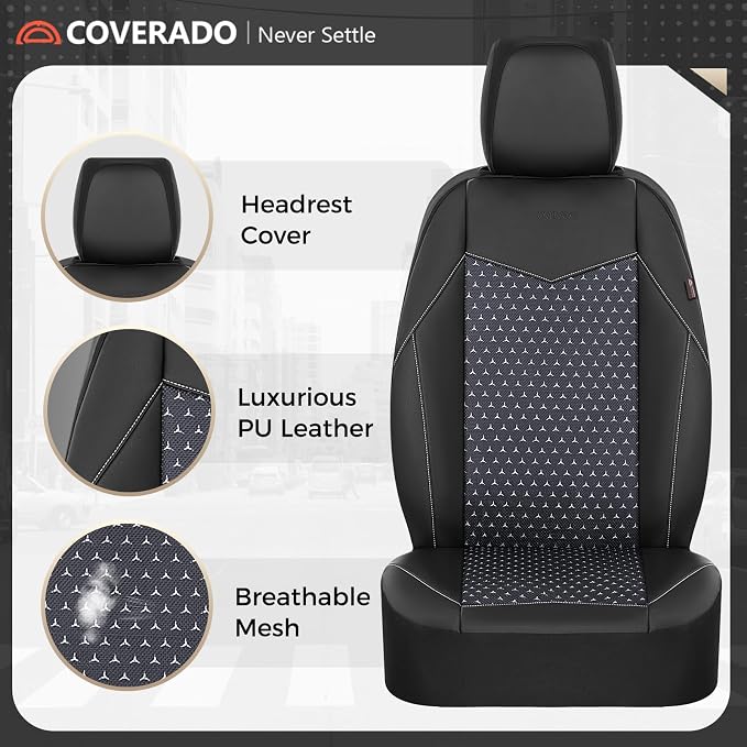 Coverado Car Seat Covers 5 Seats, PU Leather Seat Covers Fullset, Printed Breathable Mesh Design, Front and Rear Car Seat Protectors, Luxury Automotive Seat Covers Universal Fit for Most Cars, Black