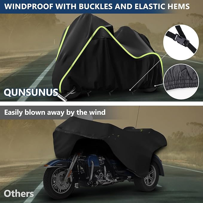 QUNSUNUS Motorcycle Cover for Harley Davidson Trike Models Freewheeler/Tri Glide Ultra/CVO Version/Gold Wing with Vent and Antenna Holes for with Wind, Sun, UV and Dust Protection