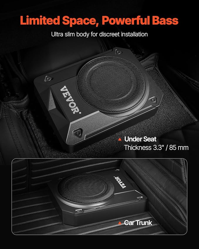 VEVOR 10" 400W Underseat Car Subwoofer, Slim Powered Car Subwoofers Under The Seat, Low Profile Audio Sub Built-in Amplifier, High/Low Level Input & Volume Controller for SUVs, Car, Truck, RV