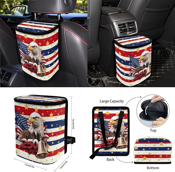 Wanyint Car Seat Cover Covers with Steering Wheel Seat Belt Rearview Mirror Accessories Trash Bag Cup Holder Keychain US 250th Anniversary Auto Decoration, 15 Pack, American Flag Eagle Star Stripe