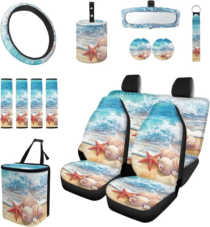 Beach Starfish Print 15 PCS Car Seat Cover Set with Auto Steering Wheel Cover Seat Belt Strap Protector Cup Holder Trash Bag Rear View Mirror Protector Keychain
