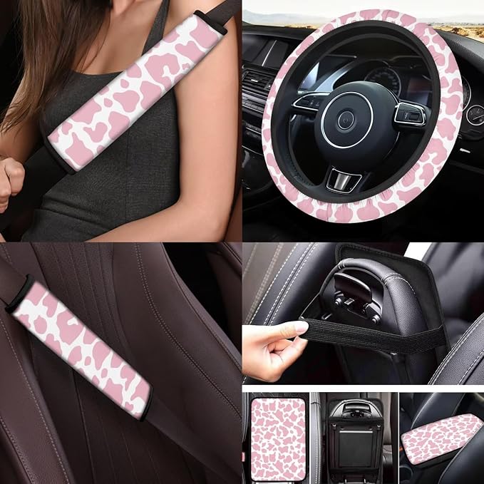 Pink Cow Print Car Seat Covers Full Set of 17 Pack Cute Cow Print Car Accessories Set with Vehicle Front Rear Carpets Mats Steering Wheel Accessories Armrest Pad,Universal Fit Most Car SUV