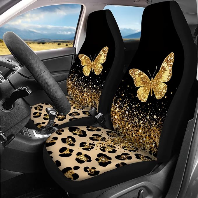 Butterfly Leopard Print Car Seat Covers Full Set Leopard Print Car Accessories Full Set with Butterfly Car Headrest Covers Seat Belt Pads Cover Auto Trash Can Steering Wheel Cover Universal