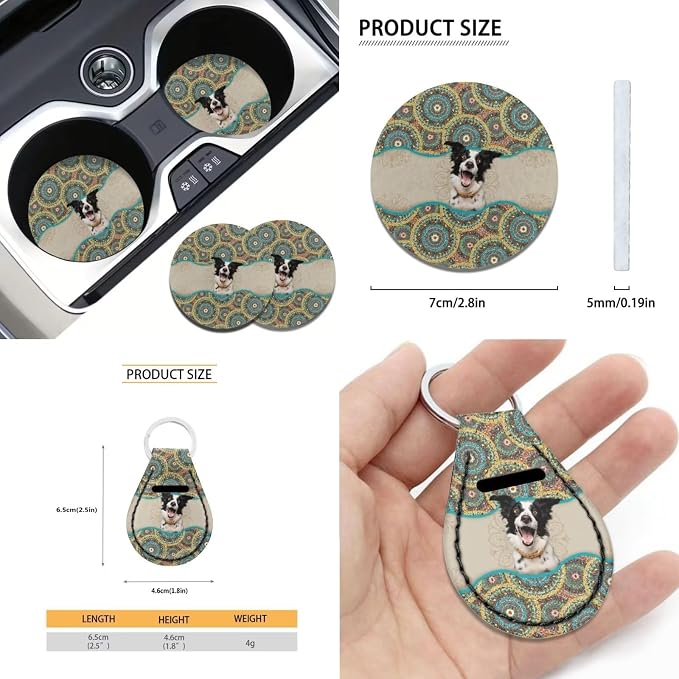 Suobstales Boho Mandala Print Car Seat Covers Full Set for Women Girly Border Collie Design Seat Cover Protector Auto Decorative with Steering Wheel Cover +Seat Belt Covers +Coasters +Keychains