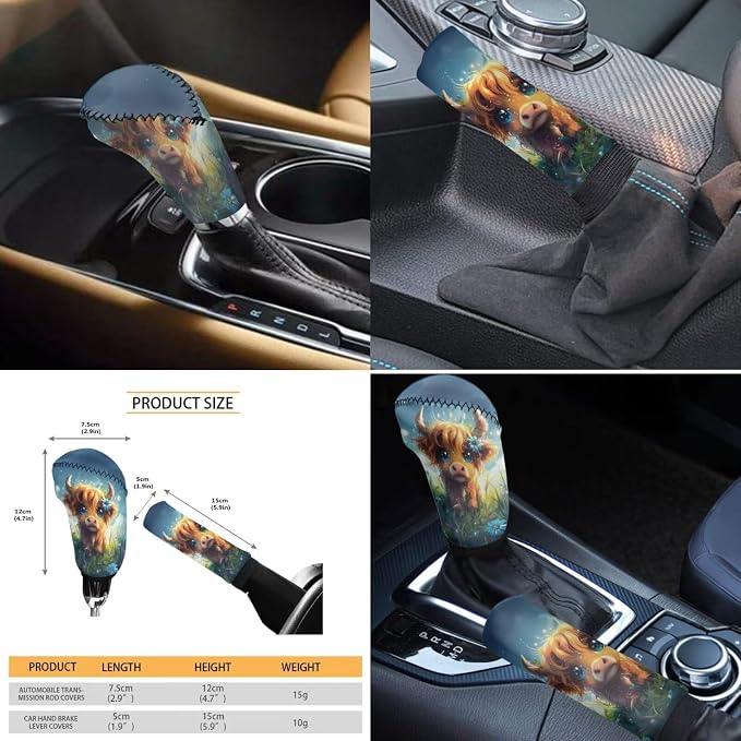 Wanyint Cute Highland Cow 11 Pack Car Seat Cover Set with Steering Wheel, Shift Knob, Handbrake, Coasters & Headrest Covers - Universal Fit